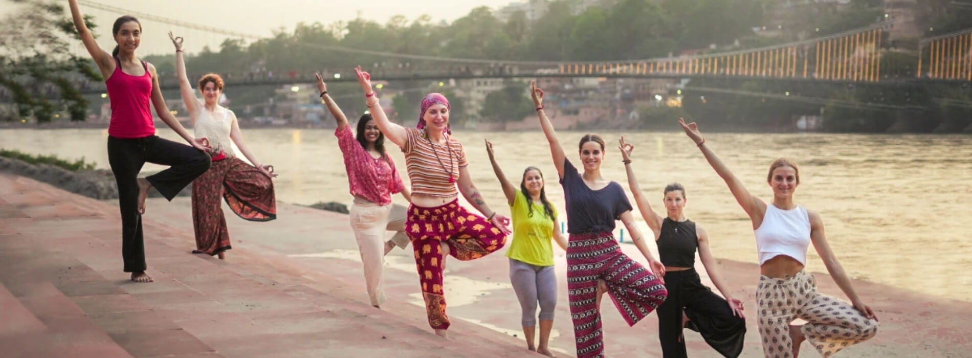 Yoga retreat session near Ganga river in Rishikesh with meditation and relaxation